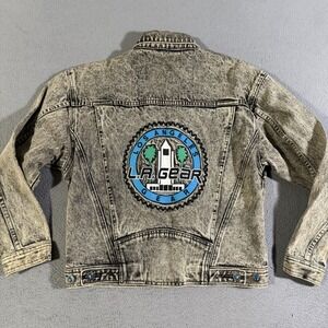 Vintage LA Gear Original Denim Jean Jacket Size Small Cropped Patches Gems